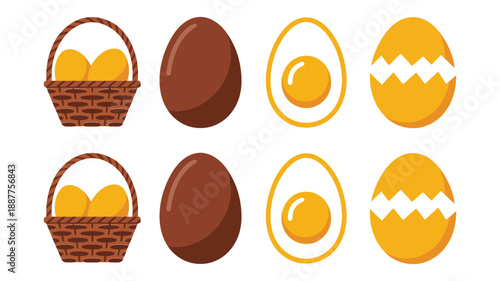 Easter basket and egg icons, wicker baskets, chocolate eggs, yellow yolk eggs, zigzag patterns, spring party supplies, holiday celebration vector
