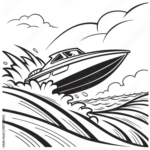 Dynamic Speedboat Cutting Through Waves - Action Illustration