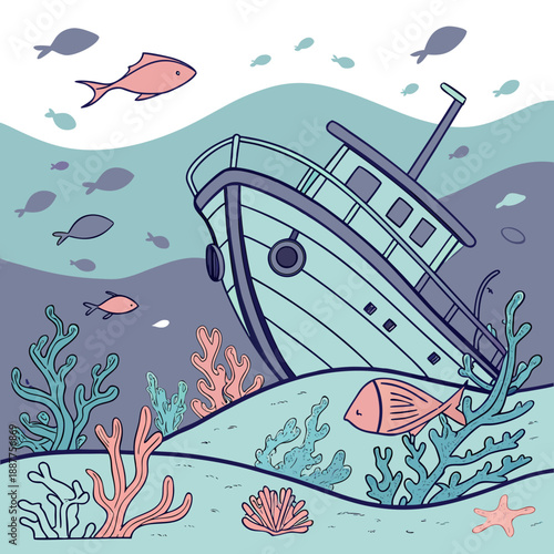 Sunken Ship Underwater Scene with Fish - Mysterious Illustration