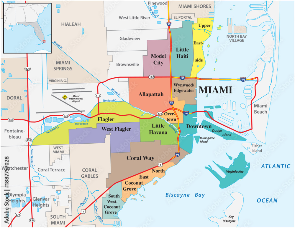 Obraz premium Current administrative map of the city of Miami, Florida, United States