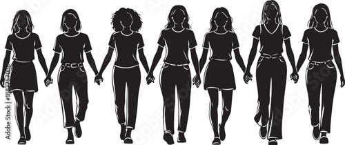 Diverse group of women walking together in unity silhouette