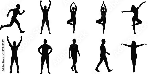 Fotografie Human body silhouette collection showing running walking yoga stretching exercis