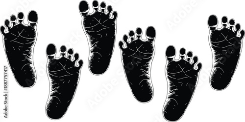 Human footprints silhouettes set, barefoot steps illustration, black foot sole prints isolated on white background vector design collection minimal graphic