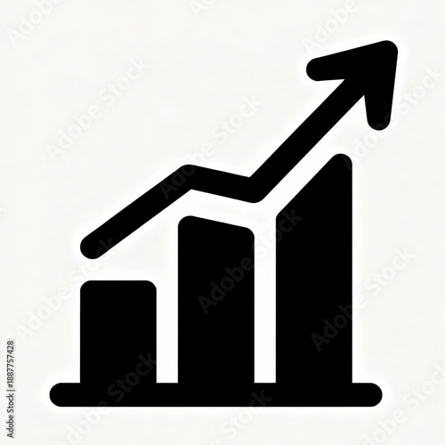 Business growth graph icon vector with upward arrow, black and white minimalist bar chart silhouette for financial success and progress concept