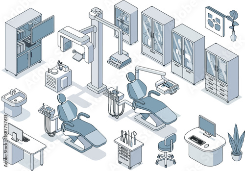 Isometric Dental Clinic Equipment Set Furniture and Tools