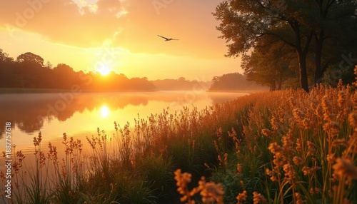 Golden sunrise paints sky over calm lake. Reeds line shore, trees beyond. Bird flies over misty water. Nature scene evokes peace quiet beauty.