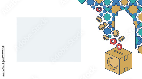 Ramadan Charity Donation Banner with Islamic Geometric Pattern and Copy Space