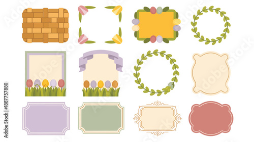 Tulip garden frame collection, decorative labels with flowers and scallops, spring festival invitation, Easter event tags, birthday party stationery vector