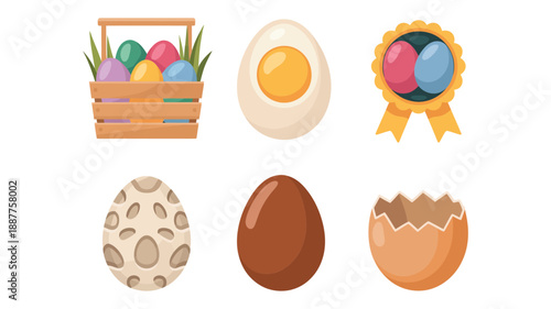Easter market icons vector set with egg crate, sunny yolk, ribbon basket, speckled shell, chocolate oval, cracked top design