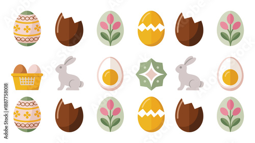 Easter egg and spring icon vector set with decorated eggs, tulips, bunny silhouettes, basket, wreath elements for greeting cards