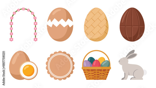 Easter badges vector collection with rosette medal, egg basket, speckled shells, chocolate oval, bunny, candy garland, spring party branding