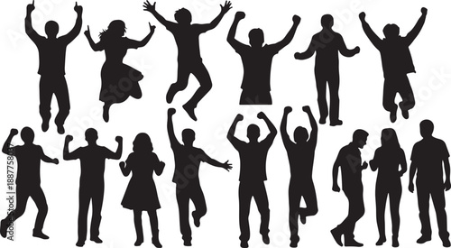 Silhouettes of people jumping and celebrating with raised arms