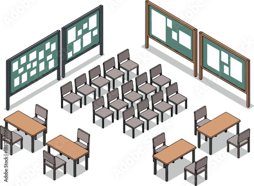 Isometric Classroom Illustration Chairs, Desks, and Bulletin Boards