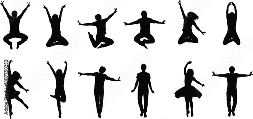 Jumping people silhouettes set, happy men women celebrating freedom, dynamic poses, joy energy concept, black vector isolated background