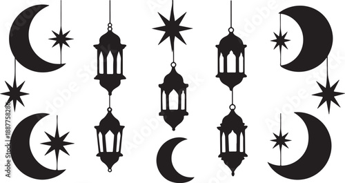 Black Silhouette Lanterns Moon Stars Ramadan Decorative Elements Set