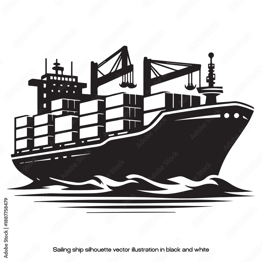 Obraz premium Sailing Ship Silhouette Vector Illustration in Black and White