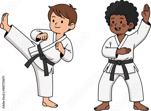 Kids karate illustration showing diverse children practicing martial arts, self defense training, taekwondo poses isolated white background vector cartoon design