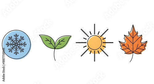 Iconos, signos y símbolos de las cuatro estaciones.
 Invierno primavera verano otoño.
 Copo de nieve, hoja, sol, hoja de otoño.
 Arte lineal