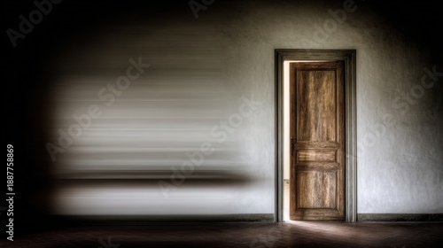 ajar. Old wooden door slightly ajar in an empty corridor with dim light. real-estate listings, architecture portfolios, designed for real-estate listing and luxury residence showcases.