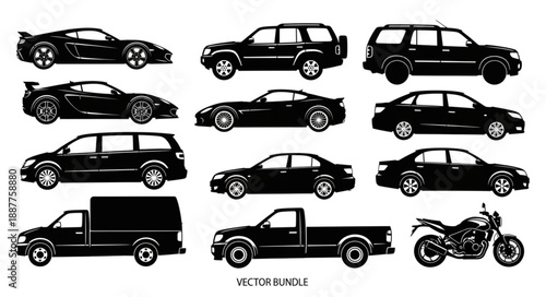 Collection of Black Silhouettes of Various Vehicles.