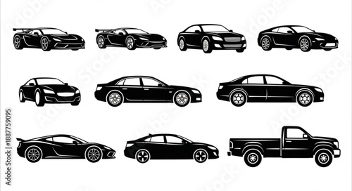 Collection of Black Sports Cars and Pickup Truck Silhouettes.