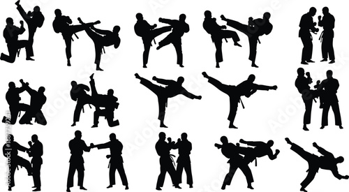 martial arts silhouettes, karate fighters kicking punching poses, combat training illustration, isolated black figures, white background, action collection