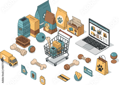 Isometric Pet Supply Online Shopping Illustration