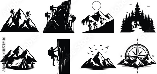 Mountain adventure silhouette set, hiking climbing camping exploration icons, outdoor travel nature collection, black and white illustration design