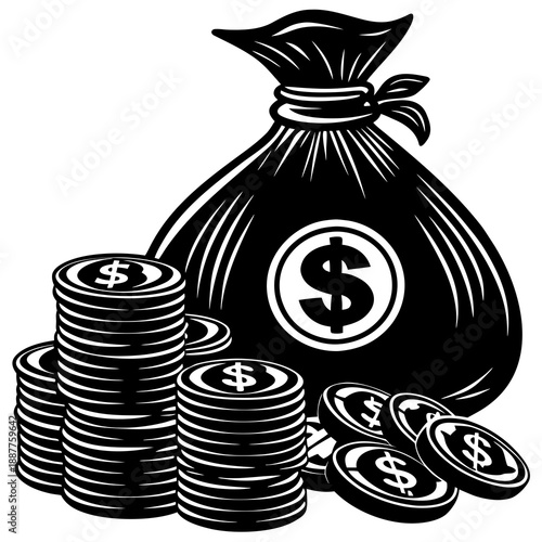 Silhouette of money bag and coins, finance vector