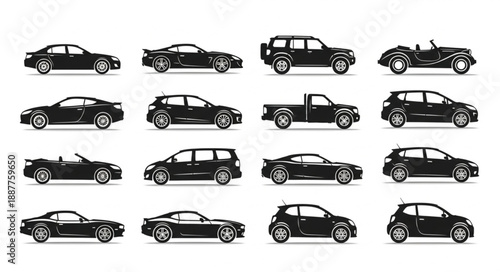 Collection of Black Car Silhouettes Various Models.