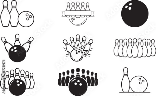 Bowling Ball And Pins Icon Set Isolated On White Background
