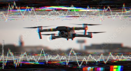 Surveillance drone flying with digital glitch and signal interference effect, modern UAV technology disrupted by electronic warfare, data distortion and cybersecurity threat concept