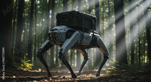 Futuristic robotic military walker standing in forest with sunlight rays, autonomous ground drone technology for surveillance and modern warfare concept, artificial intelligence defense system