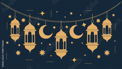 Ramadan Kareem arabic traditional lantern hanging line art with stars and crescent moon for greeting card or poster design banner decoration