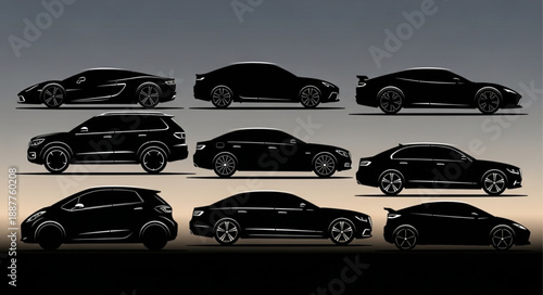 Collection of Black Luxury Cars Silhouetted Against a Gradient Sky.