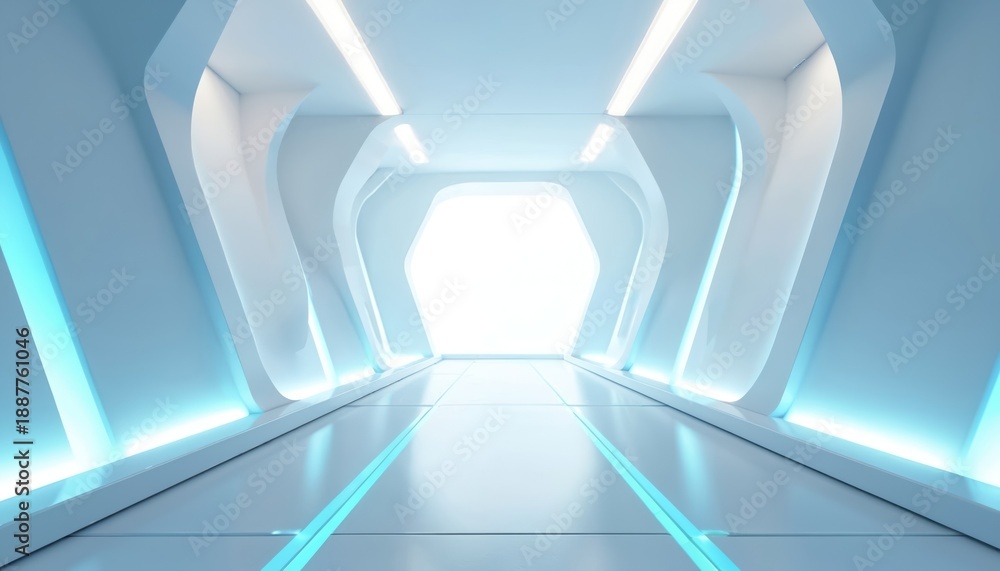 Fototapeta premium Futuristic white and blue corridor with hexagon opening. Clean modern architecture inside a high-tech building. Geometric abstract tunnel with bright light. Sci-fi interior design.