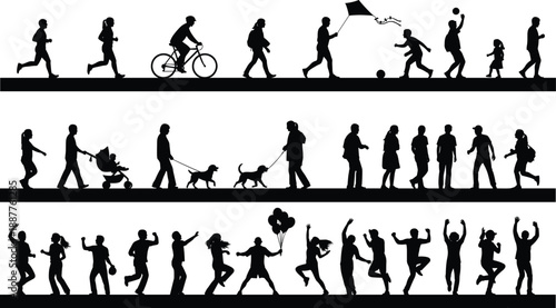 People silhouettes lifestyle collection showing walking, running, cycling, family activities, pets, celebration, daily life scenes, isolated on white background
