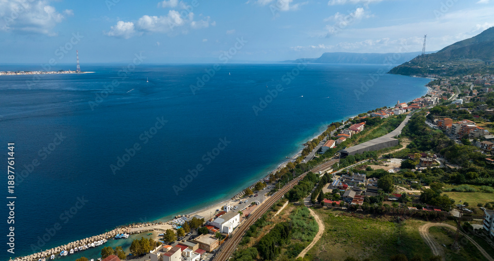 Obraz premium Aerial view of the narrowest point of the Strait of Messina, in southern Italy. This sea channel lies between Capo Peloro near Messina, Sicily, and Torre Cavallo, near Villa San Giovanni, Calabria.