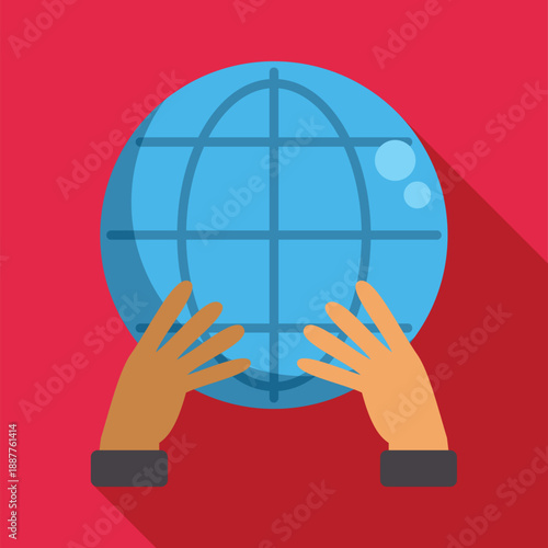 Human hands holding and protecting the blue globe in a flat earth care concept