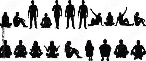 People silhouettes sitting and standing poses collection, male and female human figures, body language set, black vector illustration