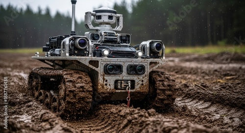 A rugged tracked robot equipped with multiple cameras navigating a muddy, outdoor terrain.