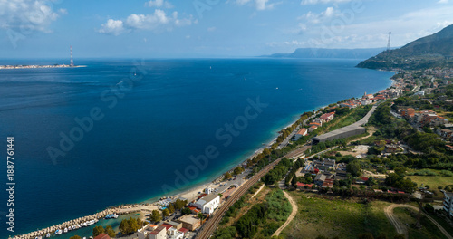 Aerial view of the narrowest point of the Strait of Messina, in southern Italy. This sea channel lies between Capo Peloro near Messina, Sicily, and Torre Cavallo, near Villa San Giovanni, Calabria.
