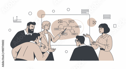 Leadership team defining complex business strategy and agile workflow deployment in an executive briefing