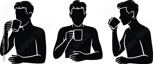 3 Human Silhouettes Drinking Coffee – Flat Minimal Daily Life Vector, Office & Home Lifestyle