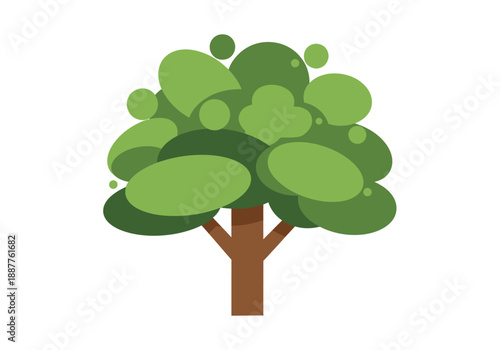 A minimalist, flat design illustration of a green leafy tree with a brown trunk against a white background