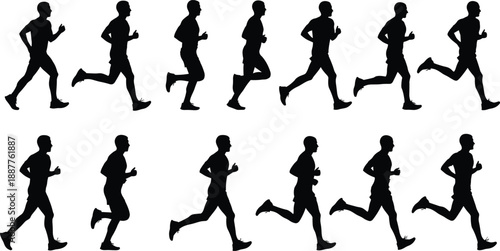 Running man silhouettes collection, male jogger motion poses, fitness training sequence, athlete running cycle isolated on white background vector illustration