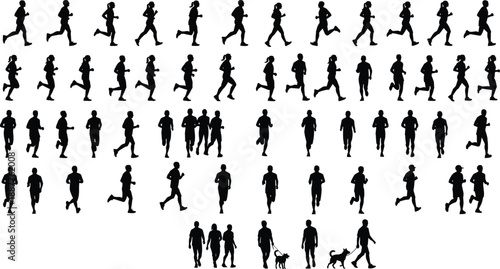 Running people silhouettes mega set, male and female runners walking jogging poses, human motion collection isolated on white background vector