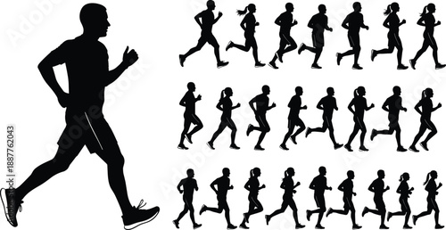 Running people silhouettes set, male and female joggers, fitness training poses, marathon exercise concept, active lifestyle, sport motion illustration