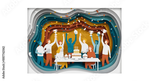 High-Performing Team Celebrating Major Corporate Milestone Achievement in Layered Paper Art Style