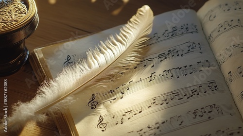 inkwell. A classical feather pen and inkwell beside a handwritten musical manuscript in soft window light. event programs, museum guides, designed for cultural heritage projects and event programs.